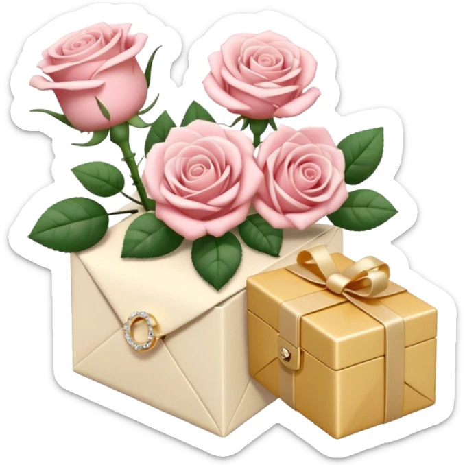 Cute white aesthetic emoji stickers set, including roses bouquet, engagement ring box, envelope with flowers, Chanel perfume, 3D render, glossy texture, delicate details, minimalist background, sticker style,  sticker