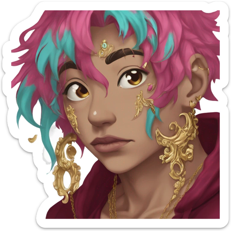 Vintage patina intricate swirls gold jewellery baroque golden raven tropical Deep pink maroon burgundy cyan dark hoodie man vitiligo dyed hair gold piercings nose piercing ear piercings sticker