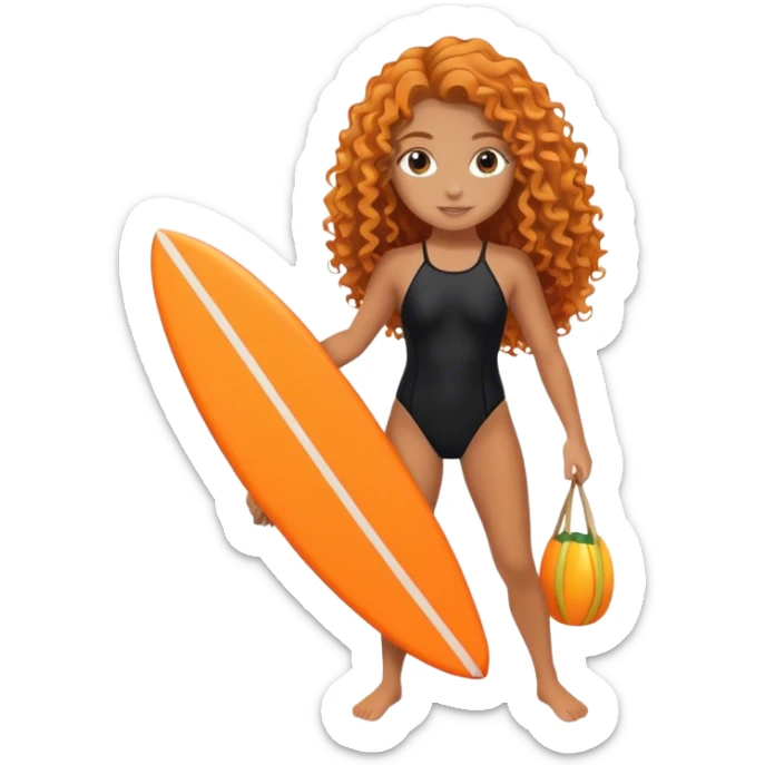 Surfer girl with black swimsuit and orange surfboard and long curly hair sticker