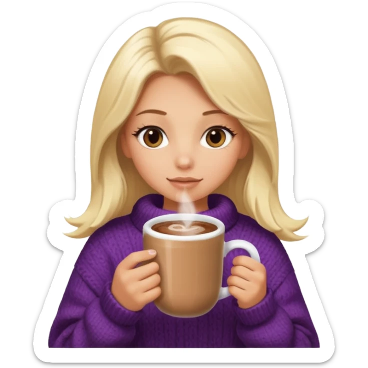 Tanned Girl with lashes , blonde hair, in an extremely big fluffy oversized and hold hot chocolate drink sticker