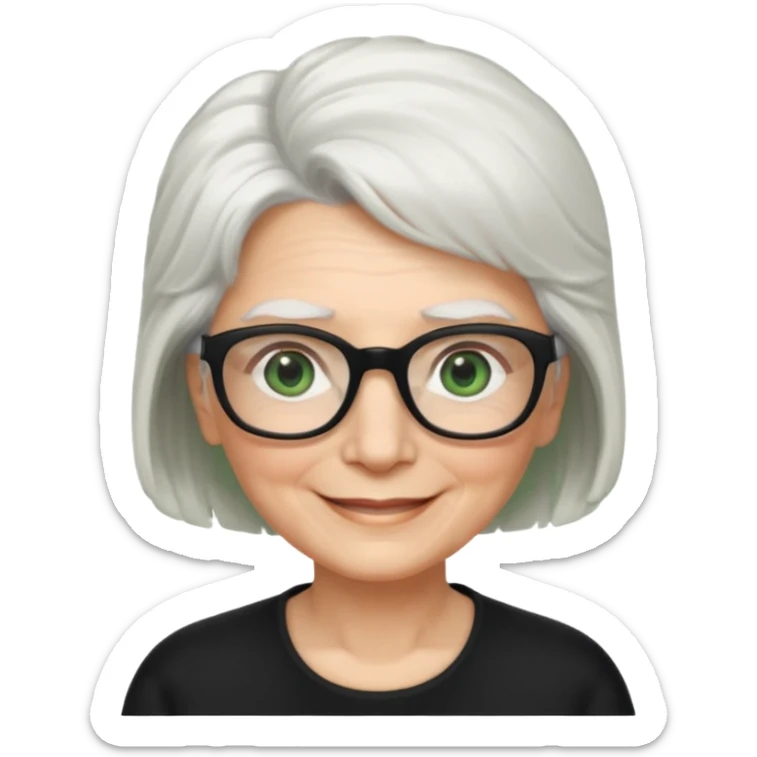 White hair grandma, green eyes, hair to shoulder, lokeg black glasses, rectangles face, smile , sticker