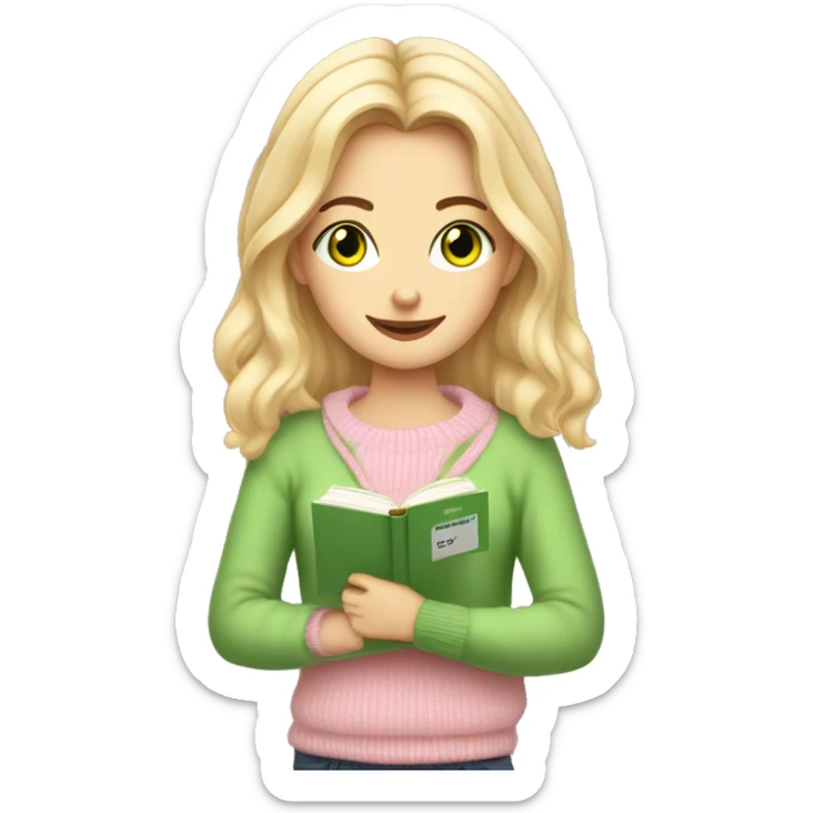 Pretty green eyed white girl with light pink sweater reading cozy sticker