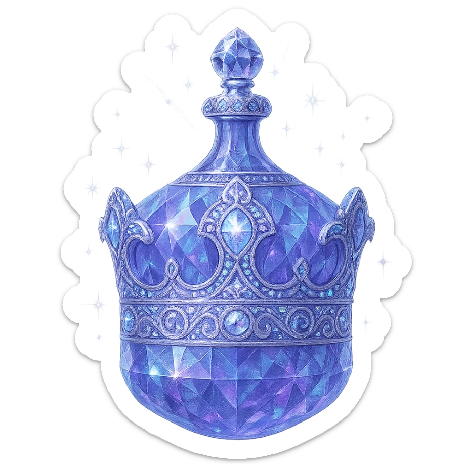 išskirtinai prabangus eliksyro buteliukas, karūnėlės forma, spalva #7986cb, daugiasluoksniai holografiniai ir sidabriniai ornamentai, kristalo tekstūra, daug magiškų švytėjimų ir žėrėjimo, šviesos spinduliai, labai mažas kaklelis, dailiai sujungta, vientisa, užapvalinta ir uždara apačia (ne plokščia ir ne atvira kaip stiklinės), skaidrus fonas, buteliukas aiškiai plūduriuoja ore, be pagrindo ar šešėlio, nestovi, modernus, kolekcijai tinkamas, ypatingai gražus sticker