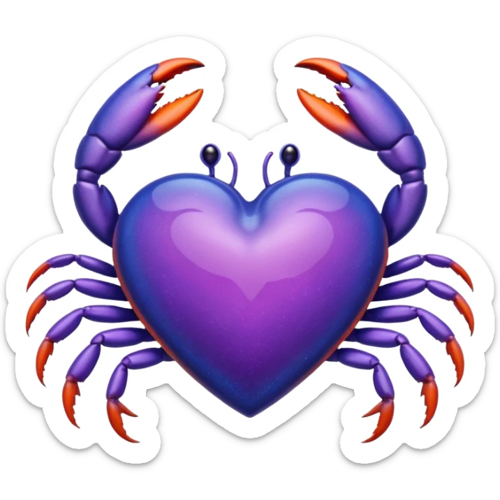 A heart with a crab on top of it, and the color of the heart is between blue and purple. sticker