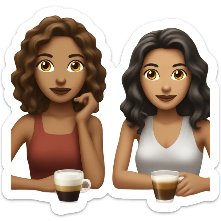 puerto rican woman light skin with shoulder-length, wavy, brown hair drinking latte with Roman woman with black, straight hair drinking espresso at table sticker