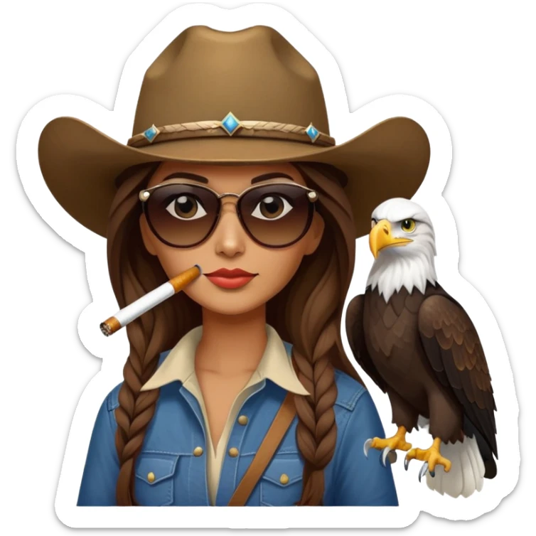 Country woman in cowboy hat with long brown hair with sunglasses with bald eagle on her shoulder and a cigarette in her mouth  sticker