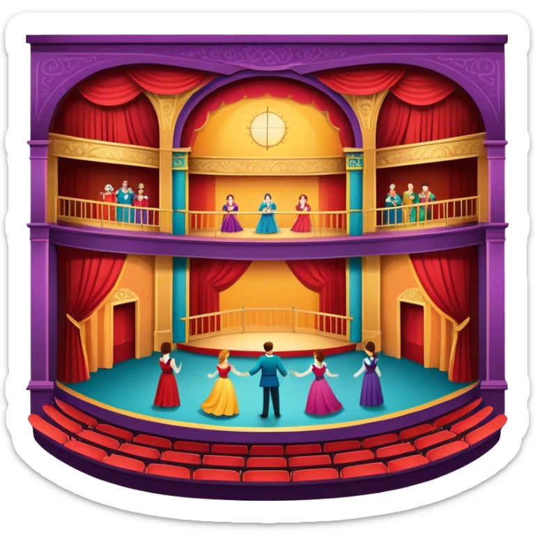An icon showing a grand theater stage with actors performing in a vibrant play, surrounded by dramatic lighting. The audience watches from colorful balconies, adding to the lively atmosphere. The design captures the magic of live theater, set against a transparent background. sticker