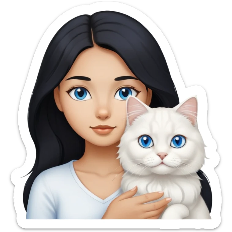 black hair girl with White British longhair cat blue eyes  sticker