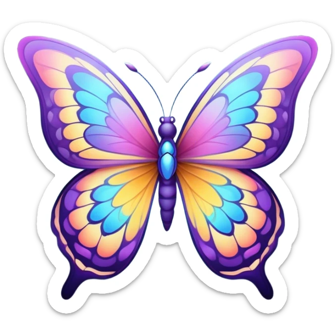 Cinematic Elegant Butterfly Portrait Emoji, Poised and ethereal, with delicate, intricately patterned wings in a kaleidoscope of soft, vibrant colors, a slender, graceful body, and gentle, observant eyes, Simplified yet exquisitely delicate features, highly detailed, glowing with a soft, radiant luminescence, high shine, intelligent and enchanting, stylized with an air of whimsical floral elegance, focused and poised, soft glowing outline, capturing the essence of a watchful butterfly that appears ready to flutter out of the screen with magical grace! sticker