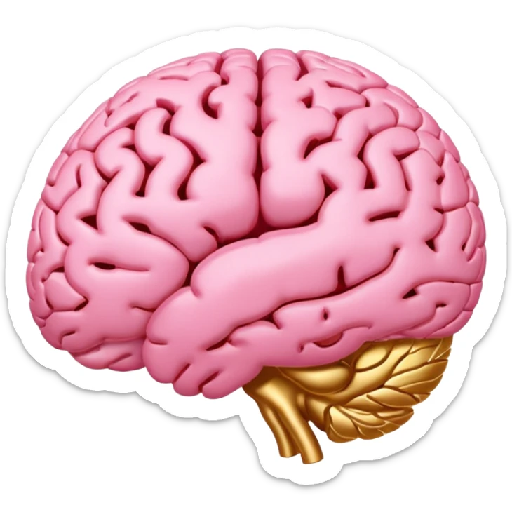 A pink brain with elegant golden details and accents. In the center of the brain, there's a clean, empty space or hollow area, as if a part is carved out. sticker