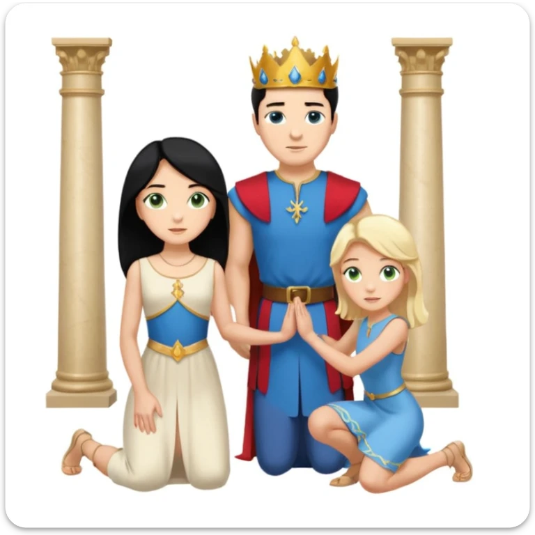 Man as king, black Hair, blue eyes, woman, blonde, green eyes, shott white sleveless Dress, kneeling, background palace sticker