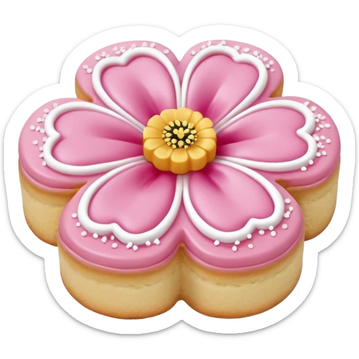 Realistic shortbread cookie in the shape of a camilia flower with pastel pink color jelly middle filling andkled powder sugar on top.emoj sprini sticker