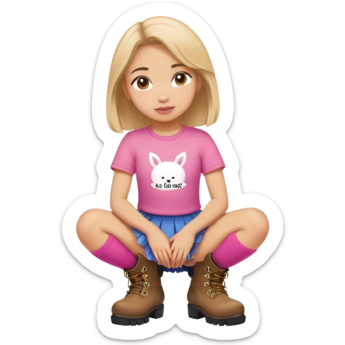  top and skirt with pink inscription “girl”  squatting in boots sticker
