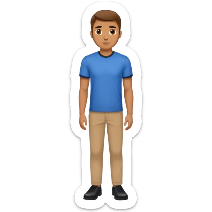 A man in a blue shirt, brown pants, and black shoes, 100kg. sticker