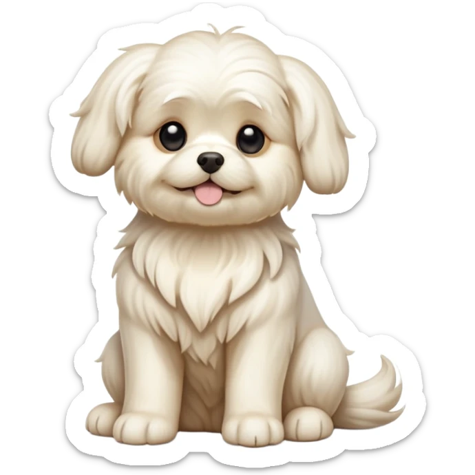 cinematic-[Maltese]-realistic-full-body-sitting-emoji,-tail-resting-loosely-beside-its-paws,-head-tilted-dramatically, -wavy-[cream]-fur,-simplified-yet-realistic-focused-features,-highly-detailed,-glowing-with-an-almost-sarcastic-glow sticker