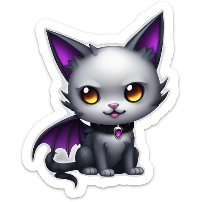   cool edgy kawaii anime-style ethereal dark-punk-themed animal vampiric cat-hybrid Fakemon with fangs and bat-wing-ears with a collar full body sticker