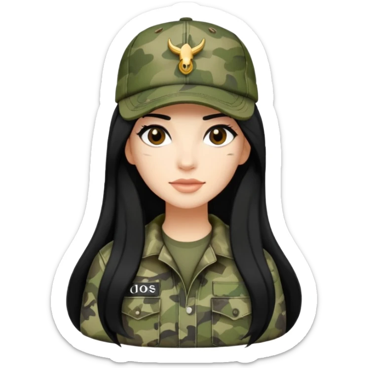 cartoon woman with long black hair wearing camo clothes and ian charms cap sticker