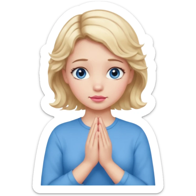 Girl Blonde short wavy hair,  blue eyes, cute blue top, long lashes, pink lips, praying hands sticker