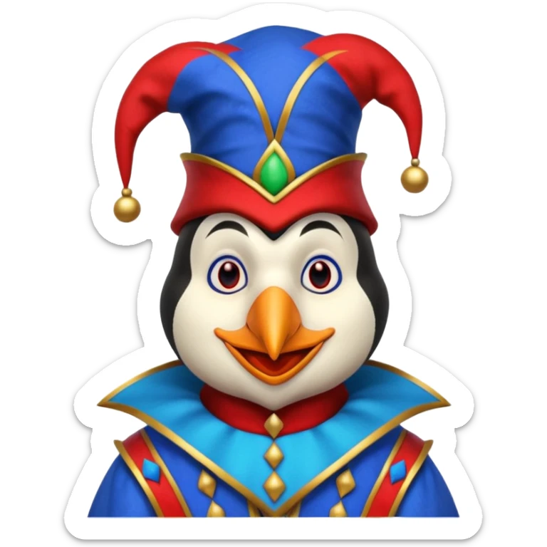 crazy colorful penguin jolly joker, medieval, vintage, court jester, mac os icon, blue color sticker