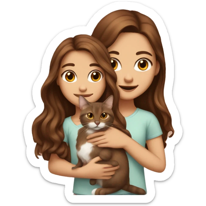 A girl with long wavy brown hair and brown eyes holds a small red lop-eared cat. sticker