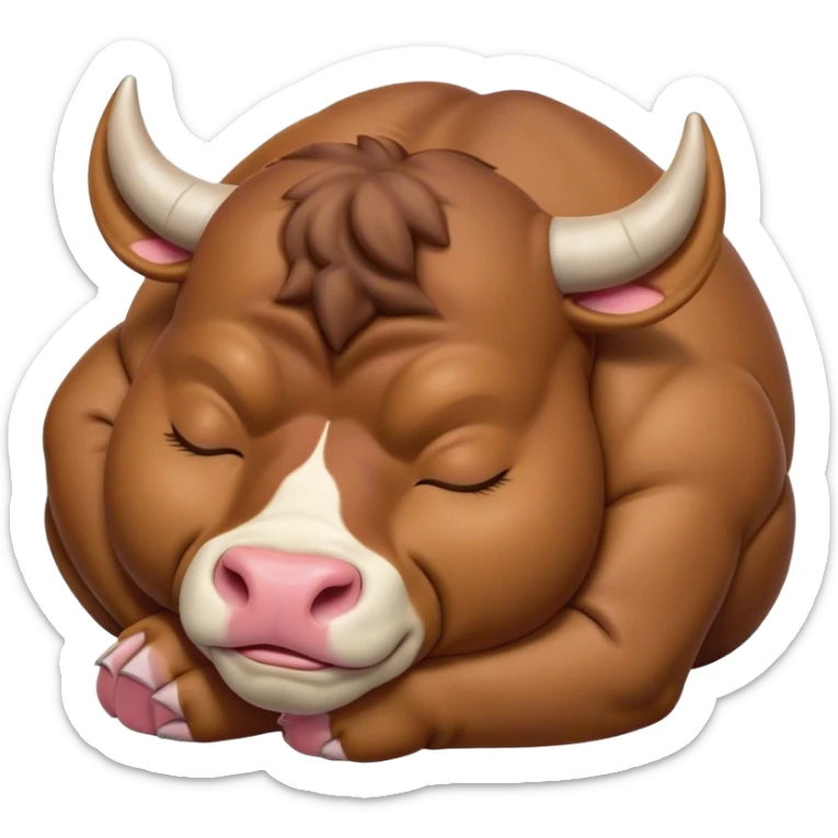 Meme-Worthy Cute Sleeping Domestic Bull Portrait Emoji, Head resting peacefully with a contented smile, showcasing a robust, muscular build and a luxuriously soft coat, eyes gently closed in serene, restful slumber, Simplified yet hilariously adorable features, highly detailed, glowing with a soft, drowsy natural light, high shine, relaxed and utterly lovable, stylized with an air of playful laziness, soft glowing outline, capturing the essence of a sleeping domestic bull that feels destined to become the next viral sensation of adorable rest! sticker