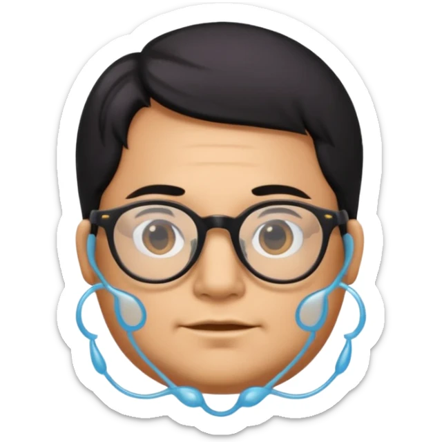 make a guy from portugal that has glasses and has a good jawline and a little cheeky cheeks and black hair that spreads like sauce and make him glossy and shiny sticker