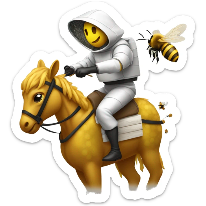 beekeeper wearing a fencing Veil style bee sute riding a horse with honey following him sticker