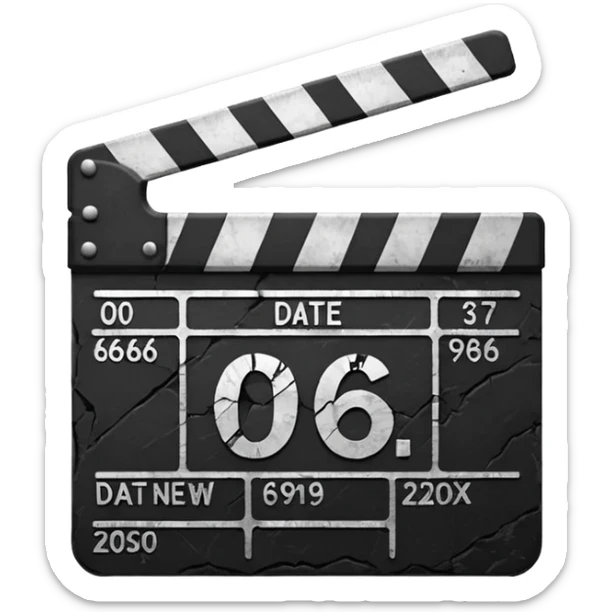 Minimalist emoji-style sticker of a cracked movie clapperboard with the date “06/06/66”, faint scorched marks, all in grayscale


 sticker