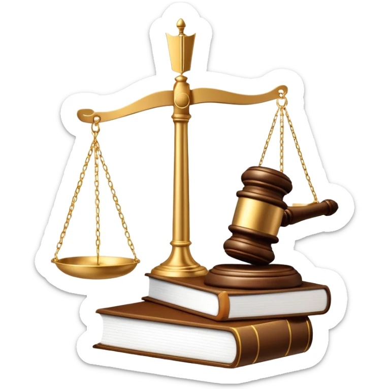 An icon featuring a gavel, legal scales, and a law book, symbolizing the study of law. The design includes a courthouse silhouette in the background, representing justice and legal systems. Transparent background highlights the principles of law and legal practice. sticker
