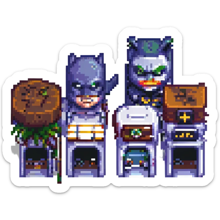 Wide pixel art background of a dark Gotham City street. Empty road with sidewalk, flickering lamppost casting light, trash bins nearby, distant shadowy silhouettes. Tall buildings in the background, moody atmosphere, subtle rain or fog. sticker