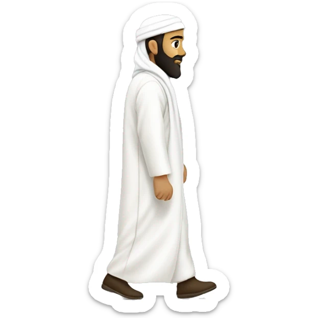 sideview of one bearded muslim man in a white thobe walking to the right whilst wearing a shemagh. sticker