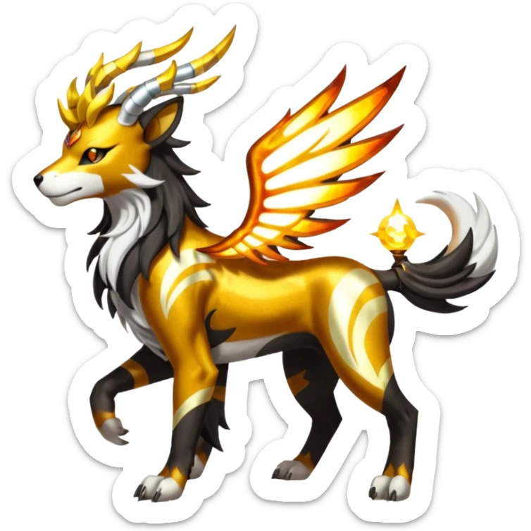 Solarpunk solar aesthetic shiny glowing divine lighting glimmering shimmering Houndoom-Solgaleo-Tigress-Luxray-Trico-Gryphon-fusion (full body) sticker