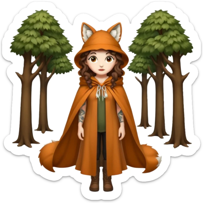 full body woman long curly brown hair brown eyes white skin tattoos wearing fox ear hat and open forest cloak, confident stance sticker