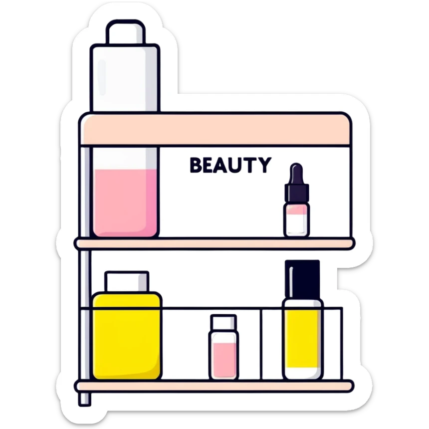 big long white shelf with one serum bottle labeled beauty brand and big sticky note sticker