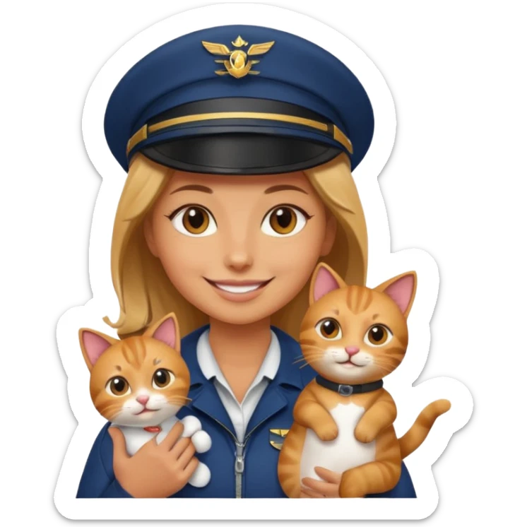 woman sitting in airplane wearing pilot outfit holding a cat emoji sticker