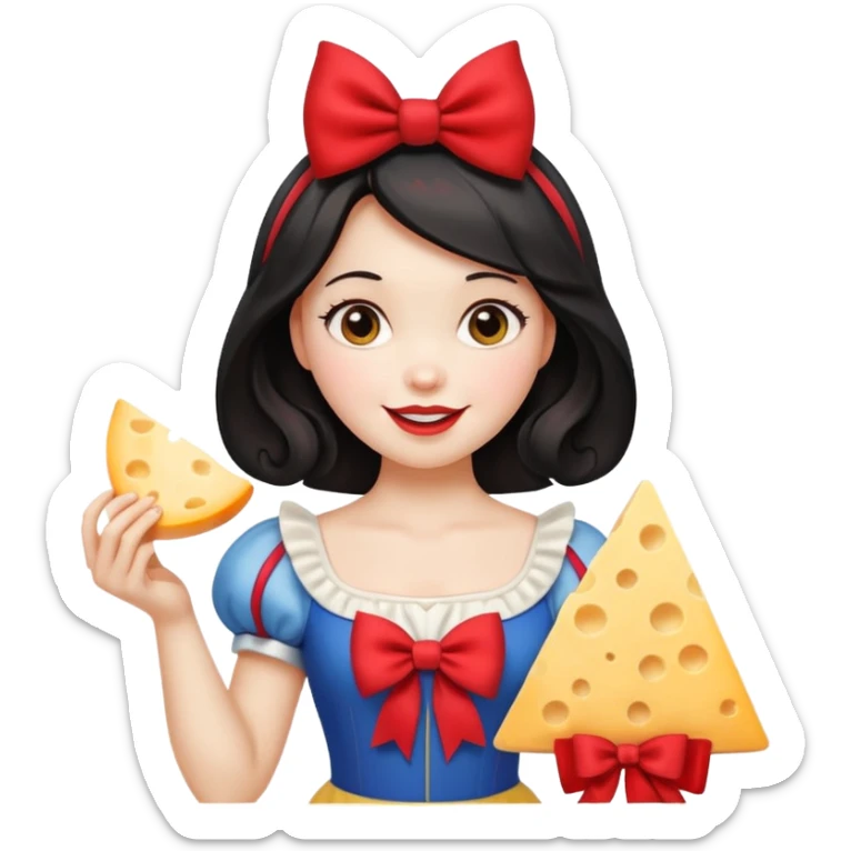 Happy Snow White with red bow in hair and holding triangle wedge of cheese sticker
