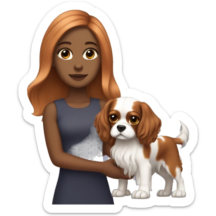dar hair girl with dark eyes and light skin holding a cavalier king charles spaniel tricolor  sticker