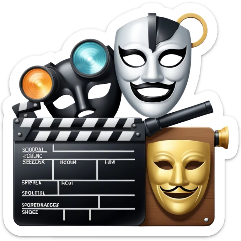 Icon for Acting in Theater and Movie: a stage with a spotlight and cinema, a film camera, a clapperboard and a dramatic mask. The design should represent both theatrical performance and cinematic art. Transparent background. sticker