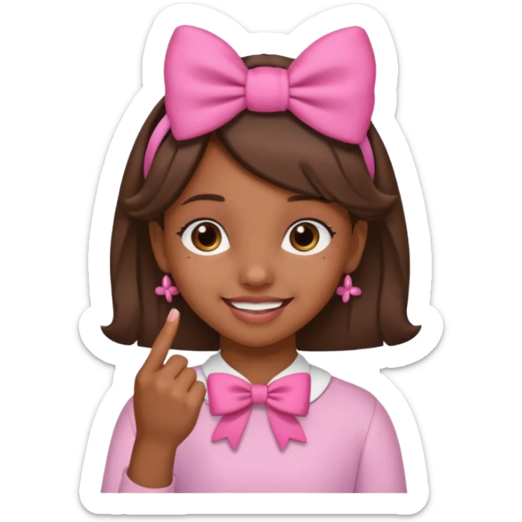 Chica morena sonriendo con un lazo rosa en la cabeza y mordiendose la punta del dedo indice con delicadeza sticker