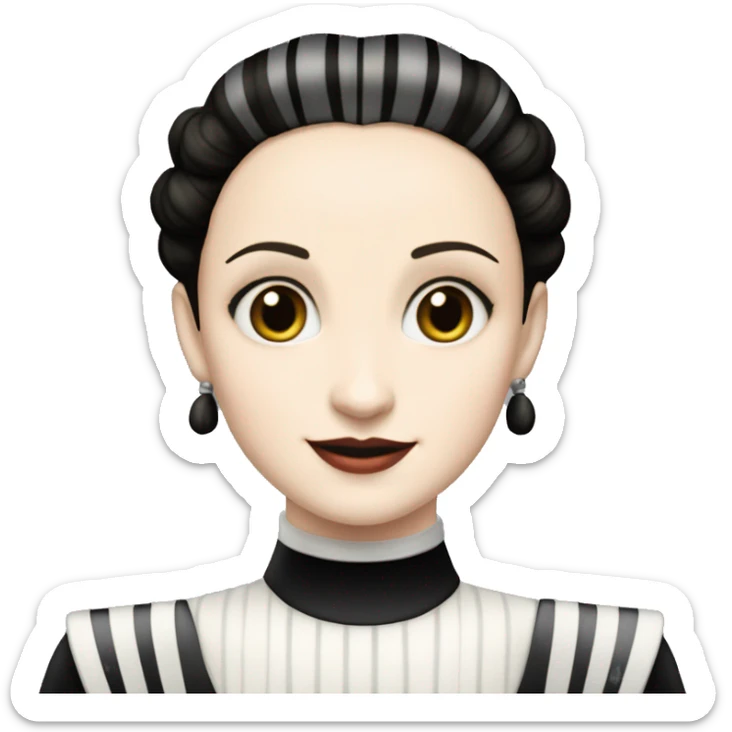 Queen Amidala, 1999 teen Wednesday Addams from academy. Smiling. Dark-gray and black striped outfit. Very Pale-white porcelain skin.  sticker