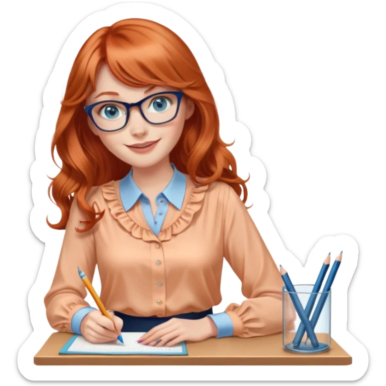 redheaded woman with very long wavy hair and bangs, blue eyes, clear cat-eye glasses, apricot silk blouse, pencil skirt, holding a pencil, smiling sticker