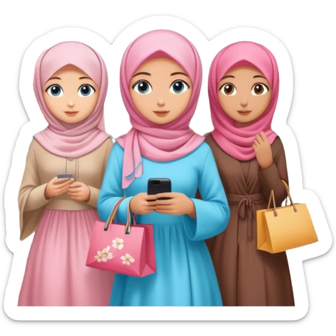 Turkish beautiful finish Konya girls blue eyes with lovely cherry blossom hijab long tail dress and the two friends shopping in a shopping city  sticker