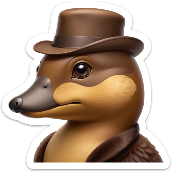 Cinematic Noble Platypus Portrait Emoji, Poised and regal, with a uniquely streamlined build and a sleek brown fur, a distinctive flat duckbill and broad, beaver-like tail, deep-set soulful eyes full of wonder, Simplified yet sharp and sophisticated features, highly detailed, glowing with a soft, dignified glow, high shine, intelligent and enigmatic, stylized with an air of aquatic curiosity, focused and attentive, soft glowing outline, capturing the essence of a watchful and confident oddity, so majestic it feels as though it could glide out of the screen with effortless authority! sticker