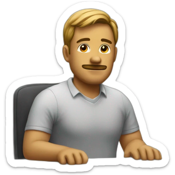 Denis is sitting on the chair near the desk and waiting for going home sticker