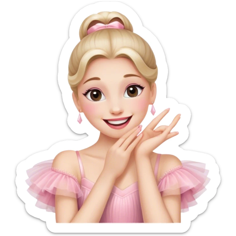 The ballerina laughs sweetly, covering her mouth with her hand sticker