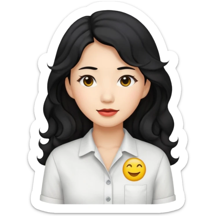 Asian woman, black hair, long permed wavy hair, white button-up shirt, emoji style, flat colors, transparent background. sticker