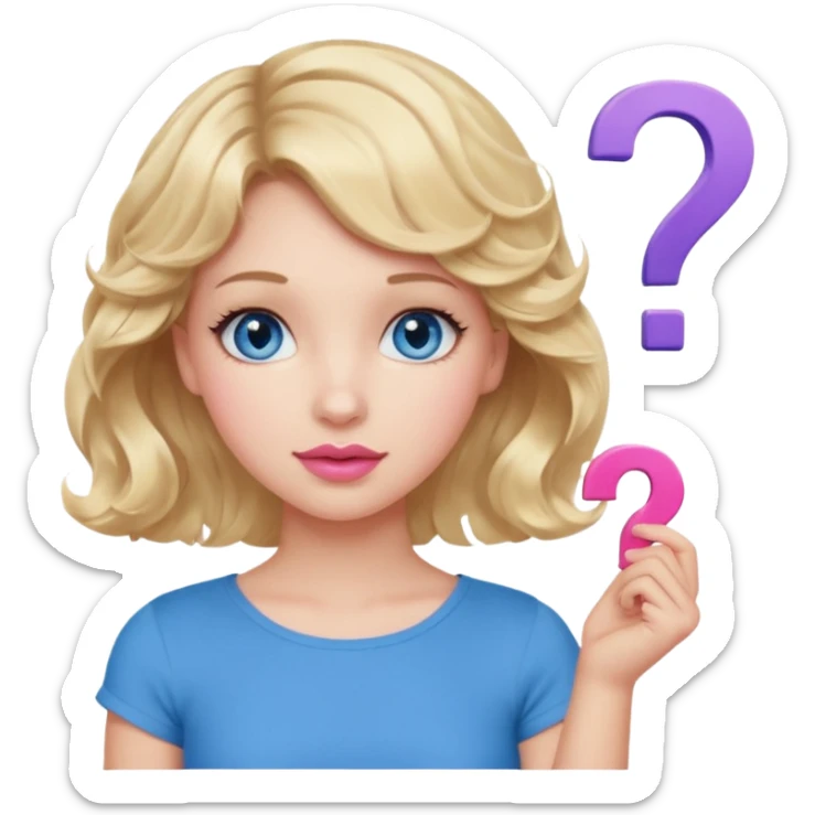 Girl Blonde short wavy hair,  blue eyes, cute blue top, long lashes, pink lips, question mark sticker