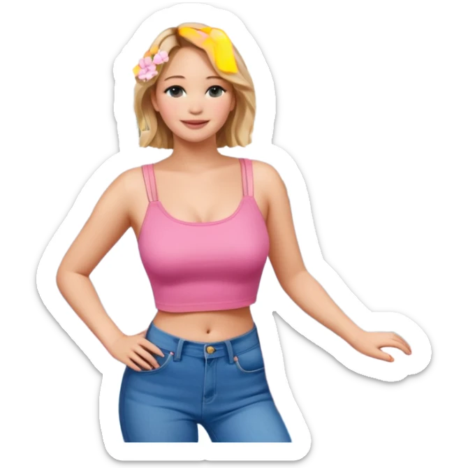 jennifer lawrence, pink crop top, and blue jeans, leaning on a balcony with a harbor and cityscape in the background, smiling sticker
