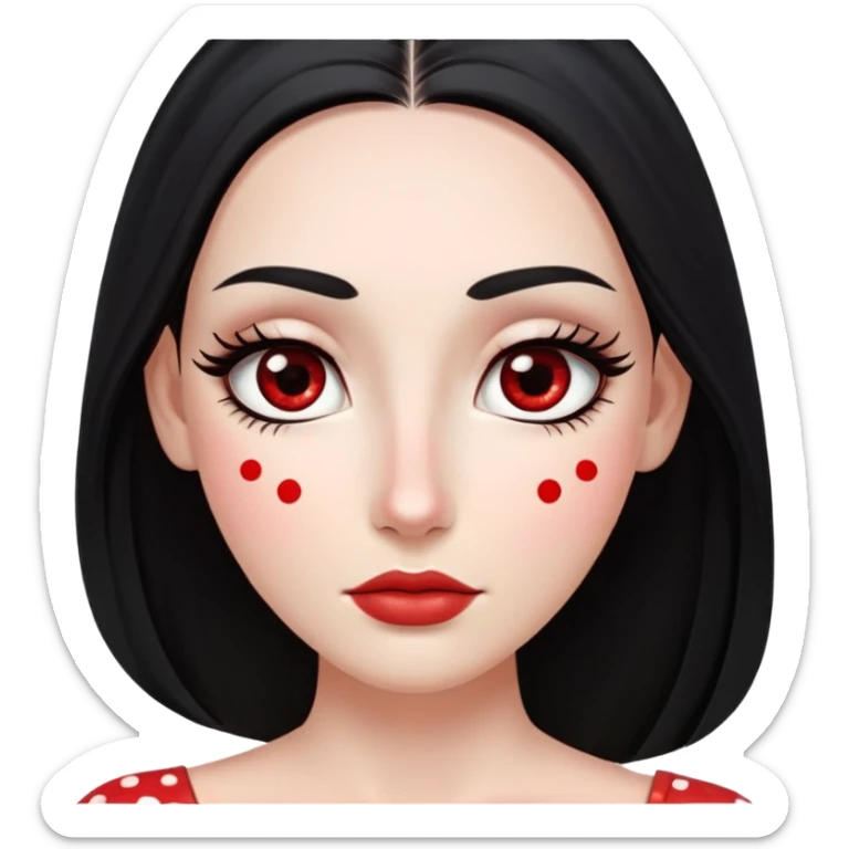 White girl with long oval shaped face, large almond shaped eyes with long eyelashes, long straight black hair falling in front of her bare shoulders, face closeup, with red and white gopi dots decorating her forehead above eyebrows sticker
