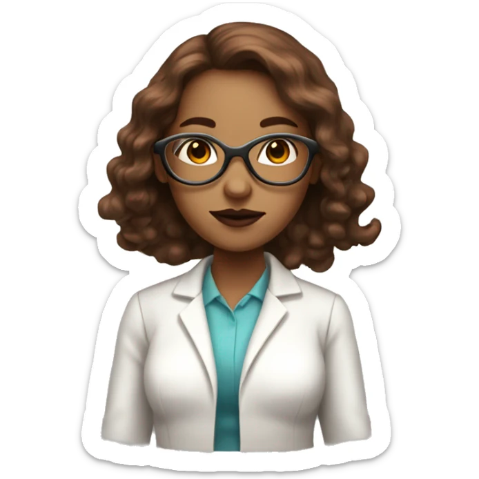 White scientist girl with brown/ reddish chocolate long hair in butterfly cut, using glasses, with brown/red lipstick  sticker